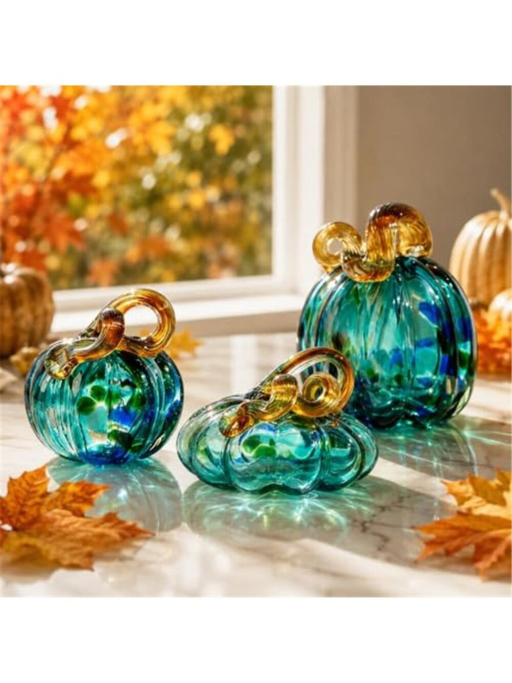 3Pcs Green Blown Glass Pumpkins Figurines Fall Thanksgiving Decor
